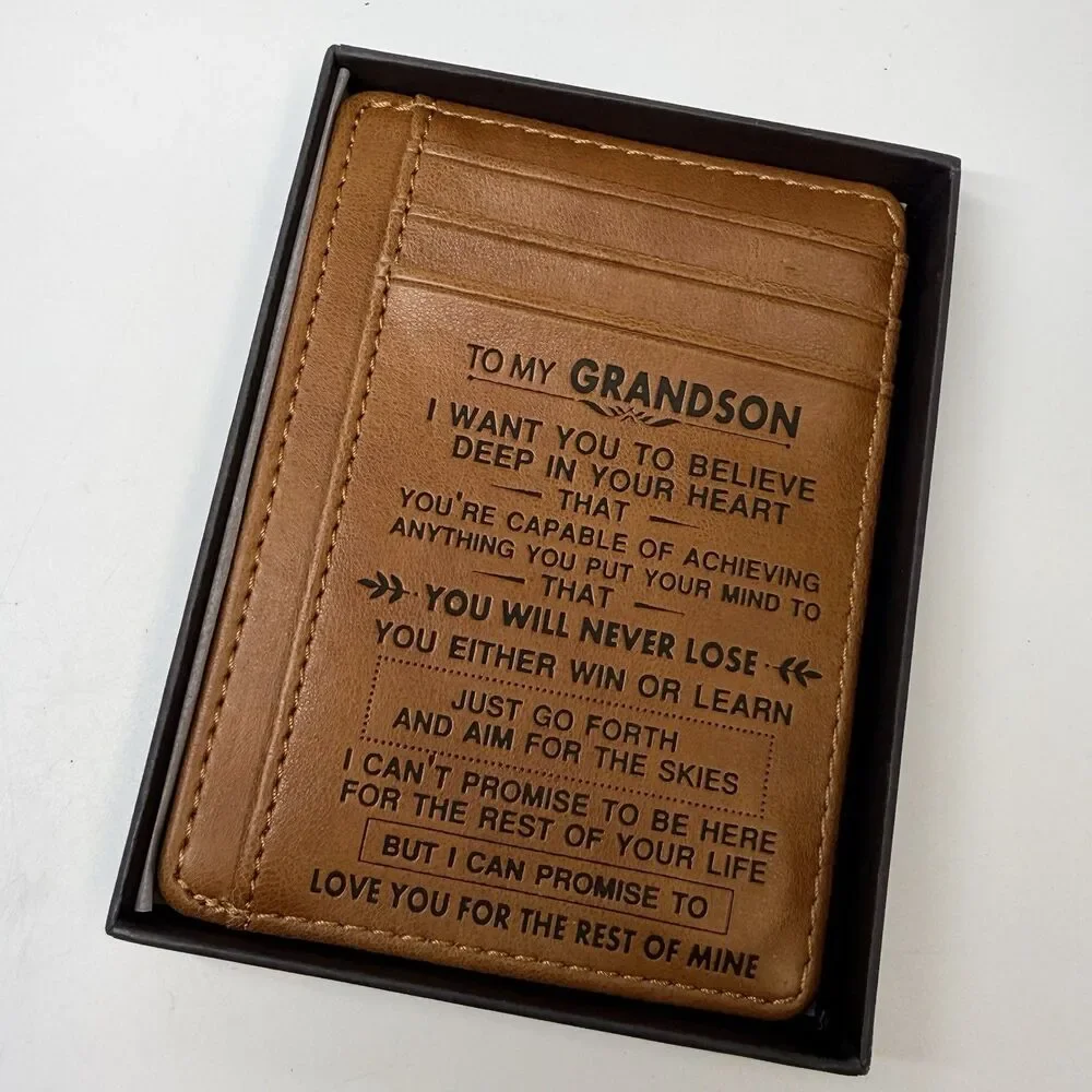 Engraved “To My Grandson” Brown Leather Slim Card Money ID Holder Wallet New